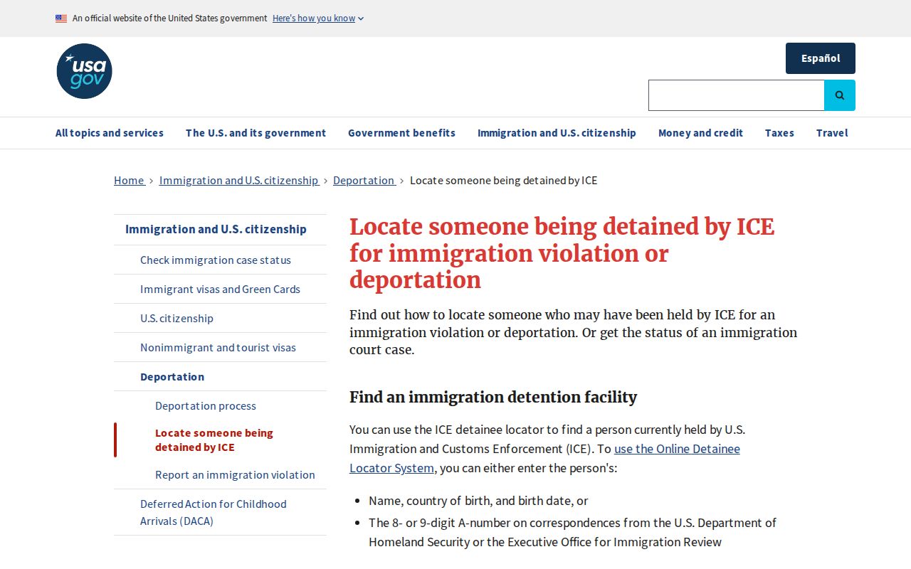 USA.gov ICE detainee locator overview