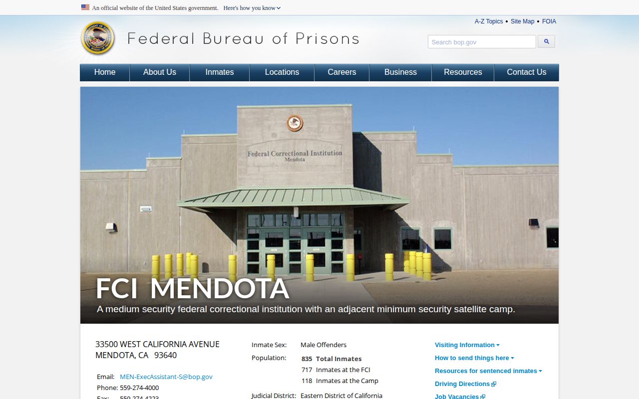 BOP FCI Mendota facility page